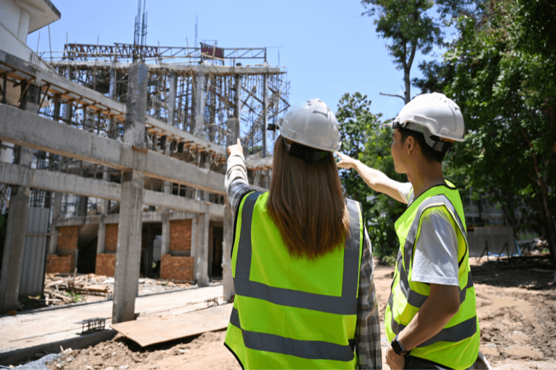 backview of 2 civil engineers discussing details together at construction