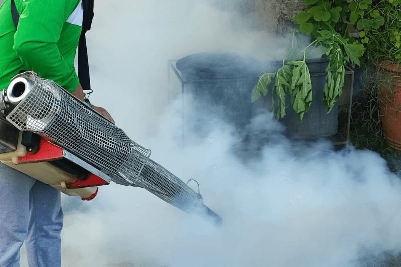 technician treating using thermal fogging to control mosquitoes