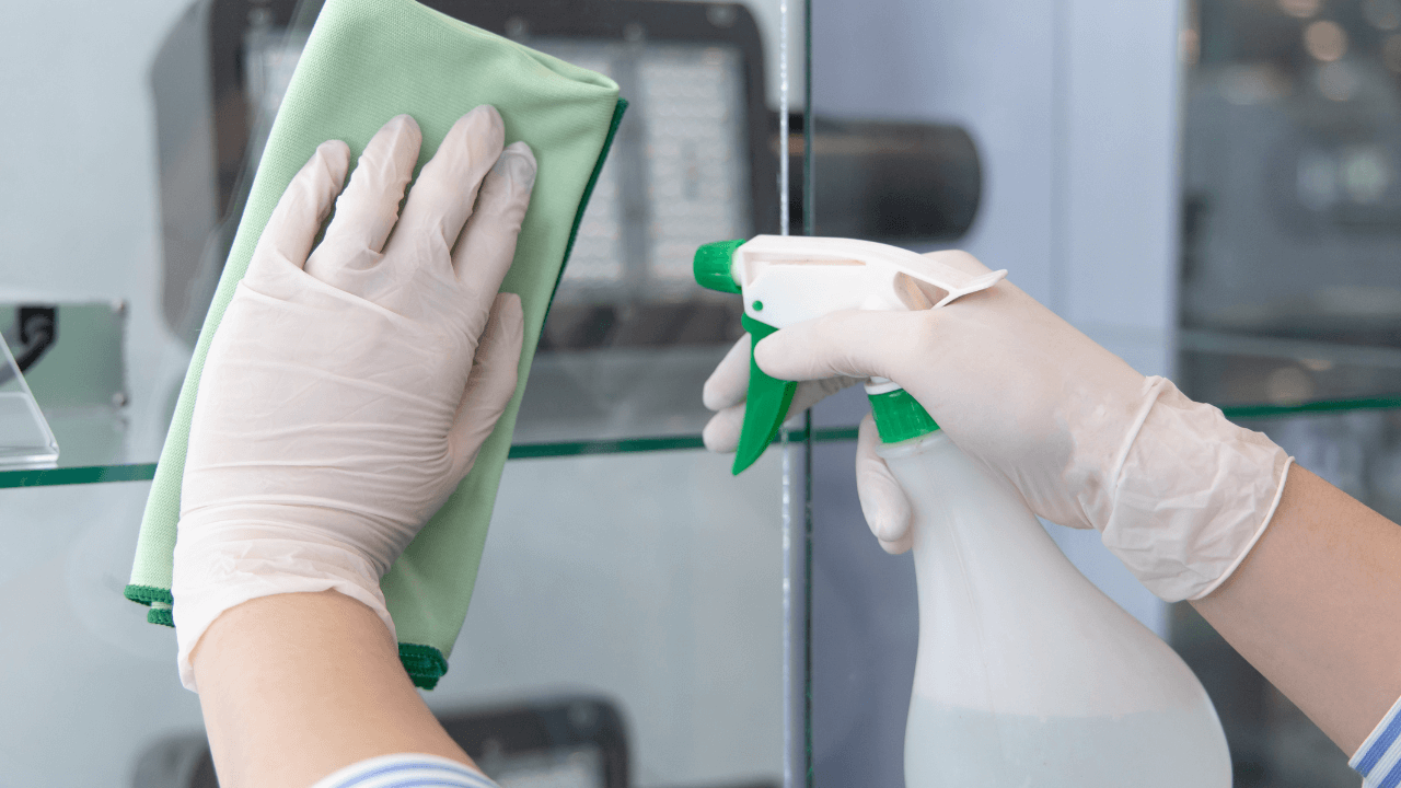 cleaning staff operator injects disinfectant and use a cloth to wipe it