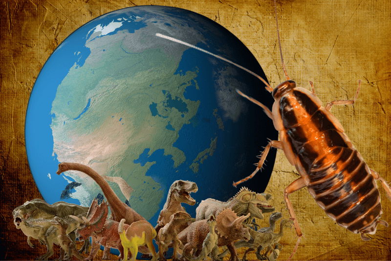 a group of dinosaurs and a cockroach around a globe -for cockroach facts