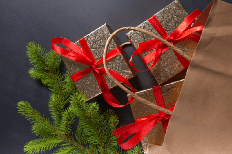 a bag with presents and a branch