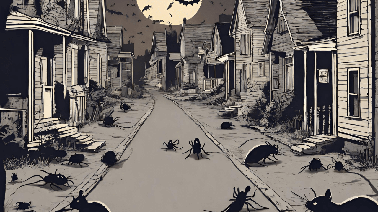 a photo of a scary neighborhood with lots of pests such as rats, bats, spiders, cockroaches, and mosquitoes for Spooky Pests That Can Give Homeowners a Scare This Halloween