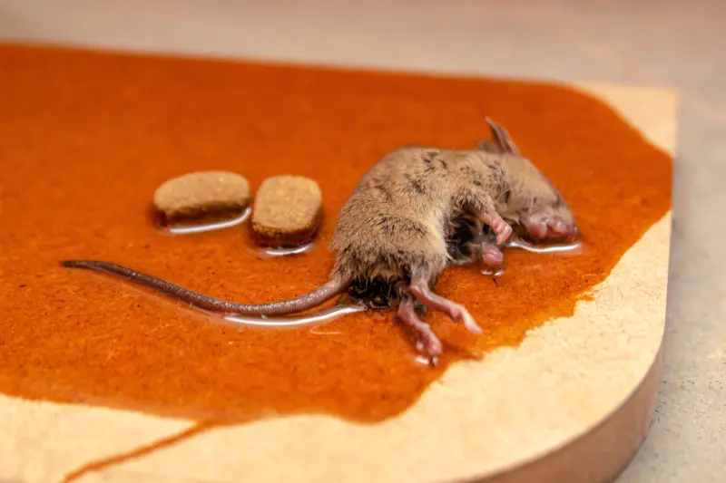 a mouse caught in a glue trap with cookies as baits.
