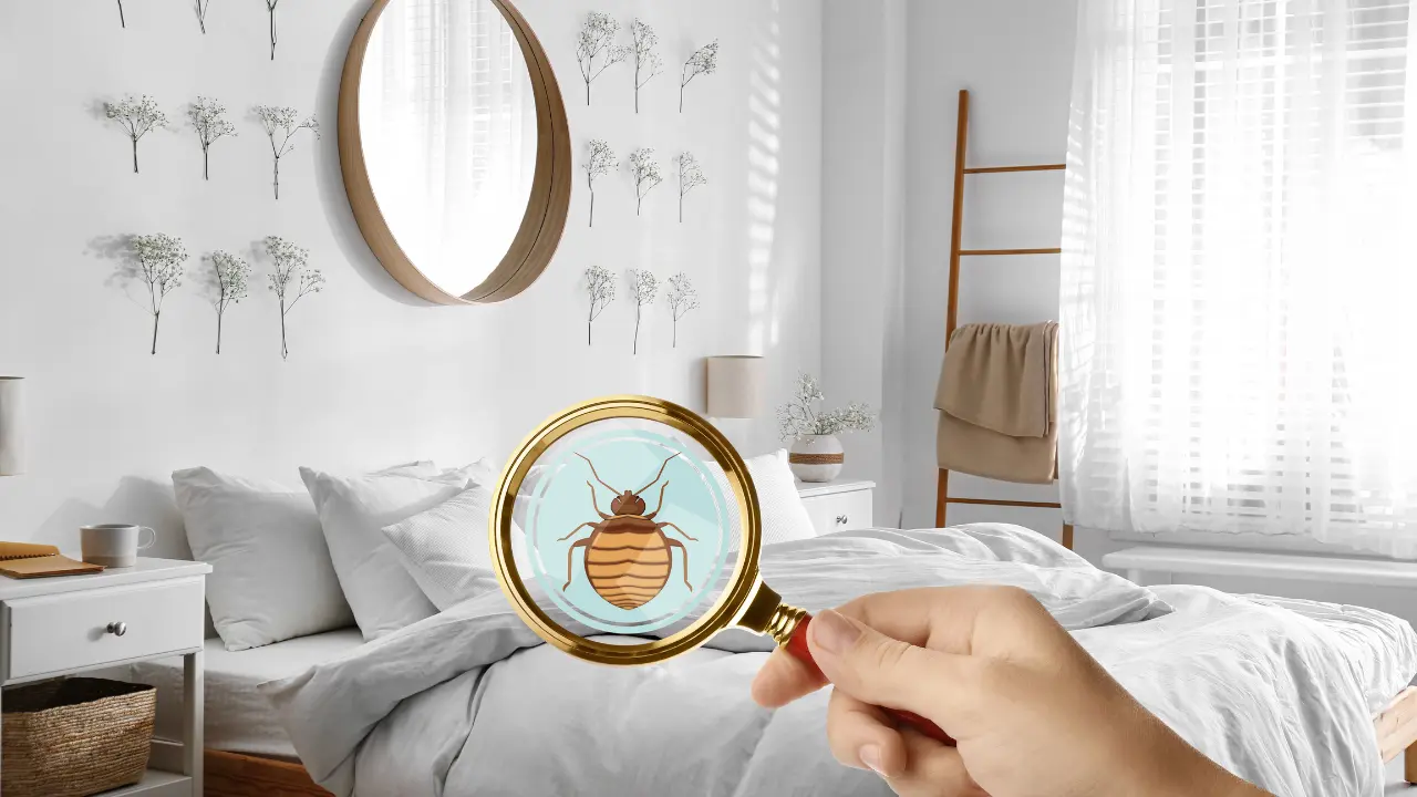 a hand holding a magnifying glass detecting a bed bug, close up