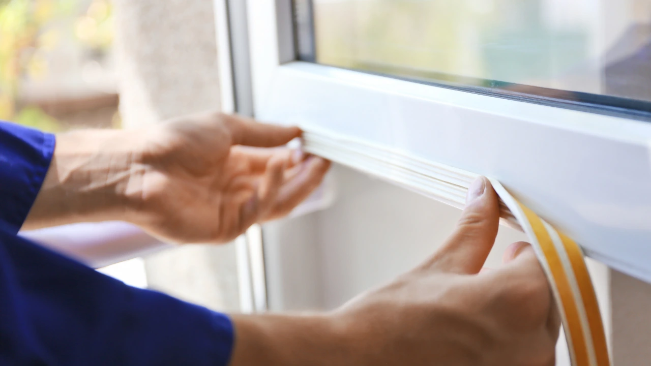 A person is seen installing a window with yellow tape, showcasing a method to enhance pest-proofing in residential spaces and make your home pest-proof.