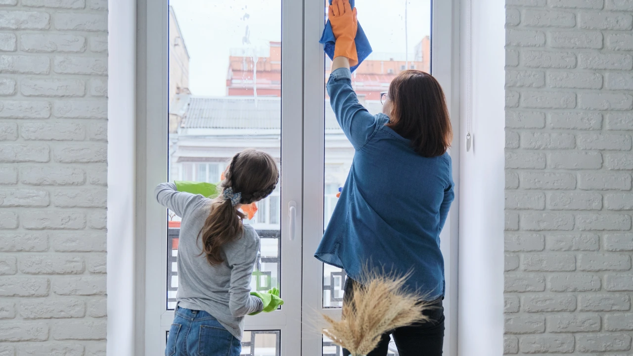 A woman and child cleaning windows together, highlighting their commitment to home maintenance and following essential pest prevention tips.