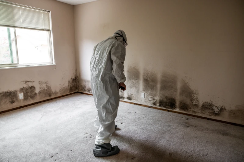 A man dressed in a white suit surveys a moldy room, emphasizing the need for effective home maintenance practices.