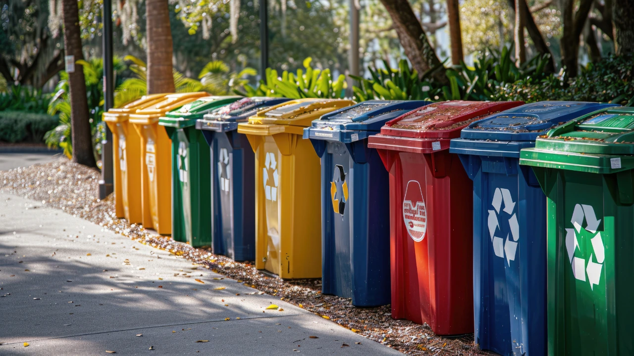 A row of trash cans lined up, emphasizing proper waste management and pest control in community settings.  