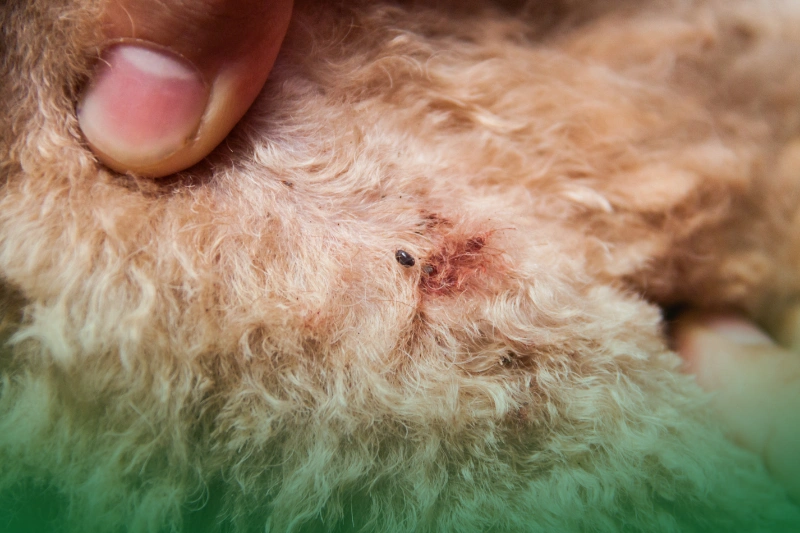 Fleas and Ticks close-up of mite and fleas infected on dog fur