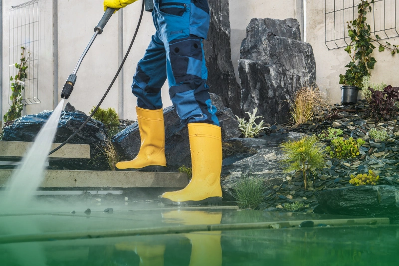 Maintain Outdoor Areas a man wearing yellow rubber boots, pressure washing the garden area