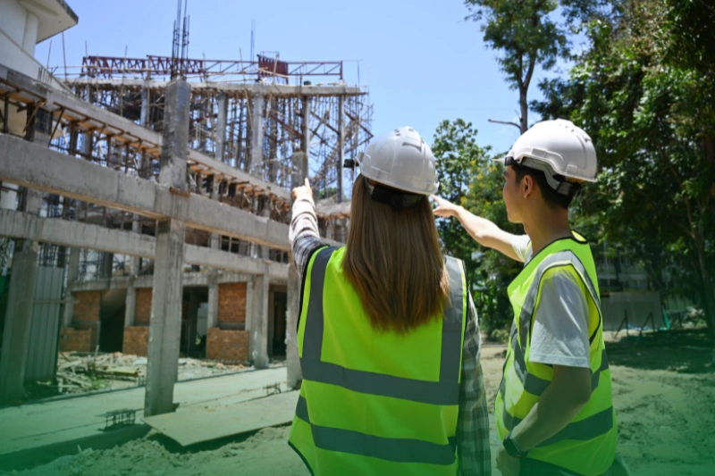 Property Developers and Construction Companies backview of 2 civil engineers discussing details together at construction