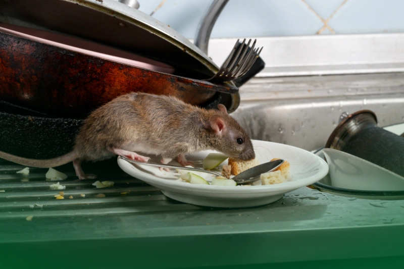 Rodents close up a rat sniffs leftover food on a plate in a kitchen sink