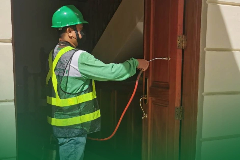 Schedule Professional Termite Treatments a pest control tech doing termite treatment on a wooden door - How to protect your home from termite damage