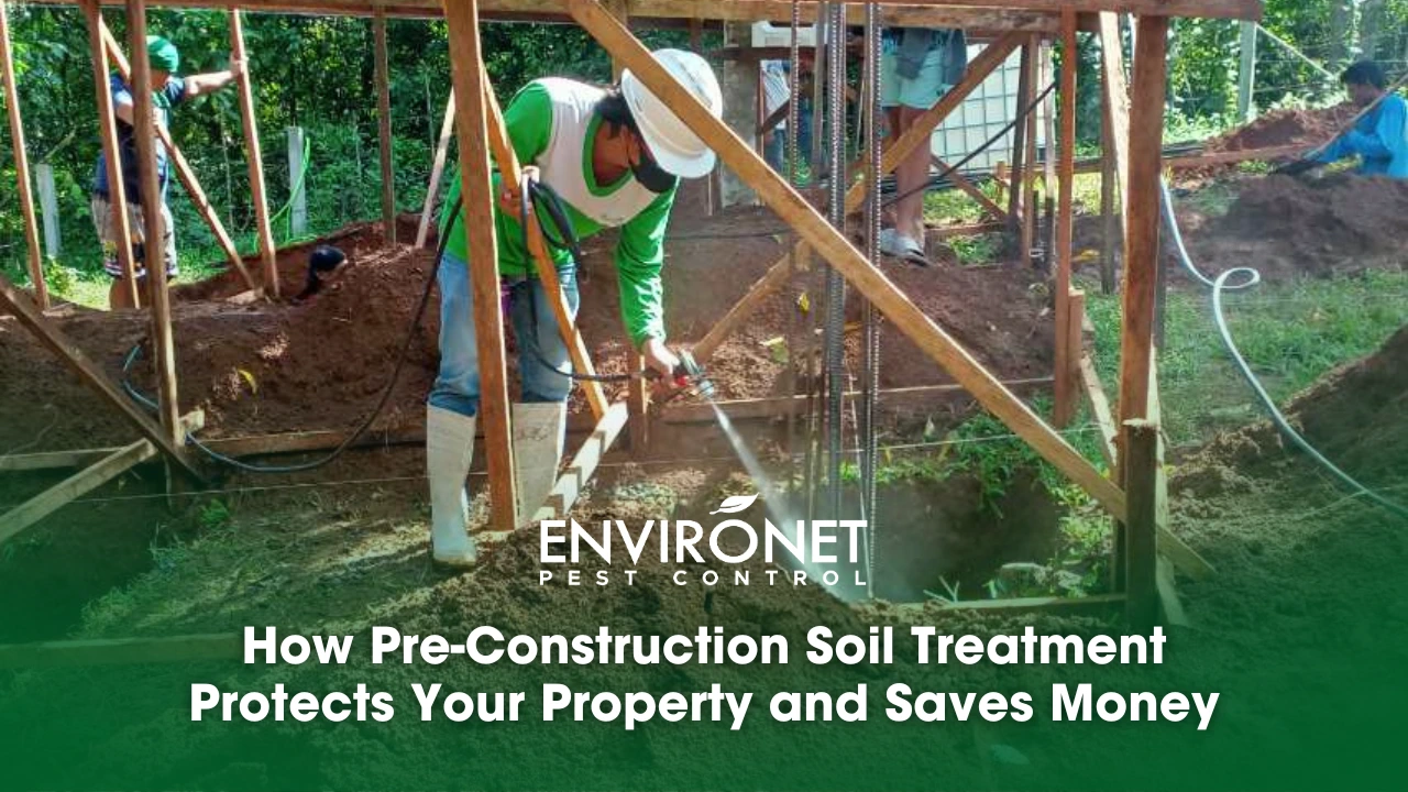 a technician doing pre-construction soil treatment