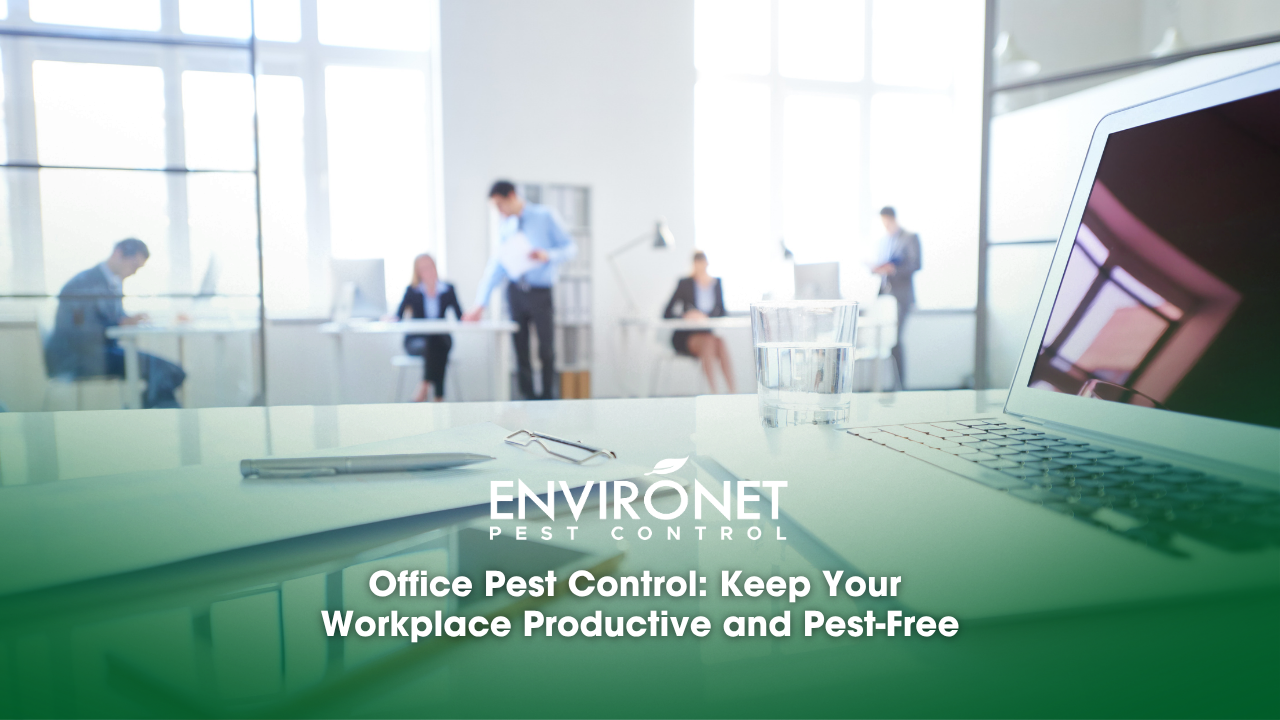 A laptop on a desk accompanied by a pen and notepad, symbolizing a productive and pest-free workplace environment.