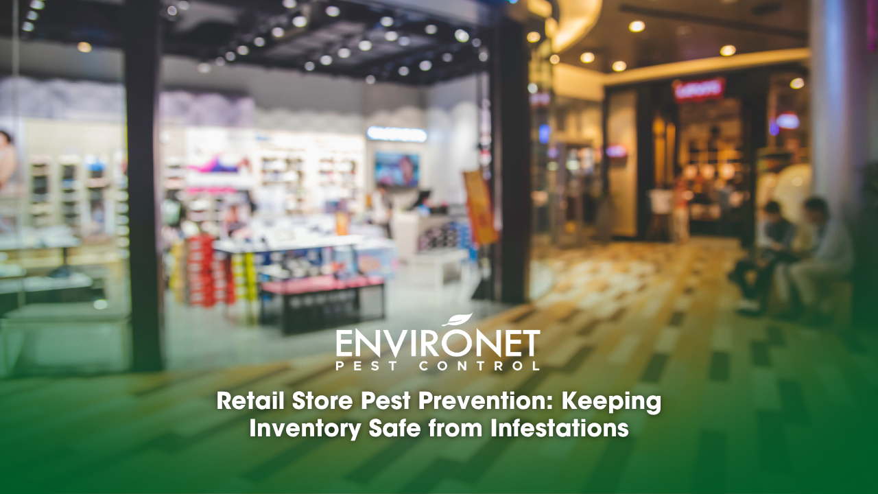 A retail store interior with shoppers browsing, emphasizing pest prevention for safe inventory management.