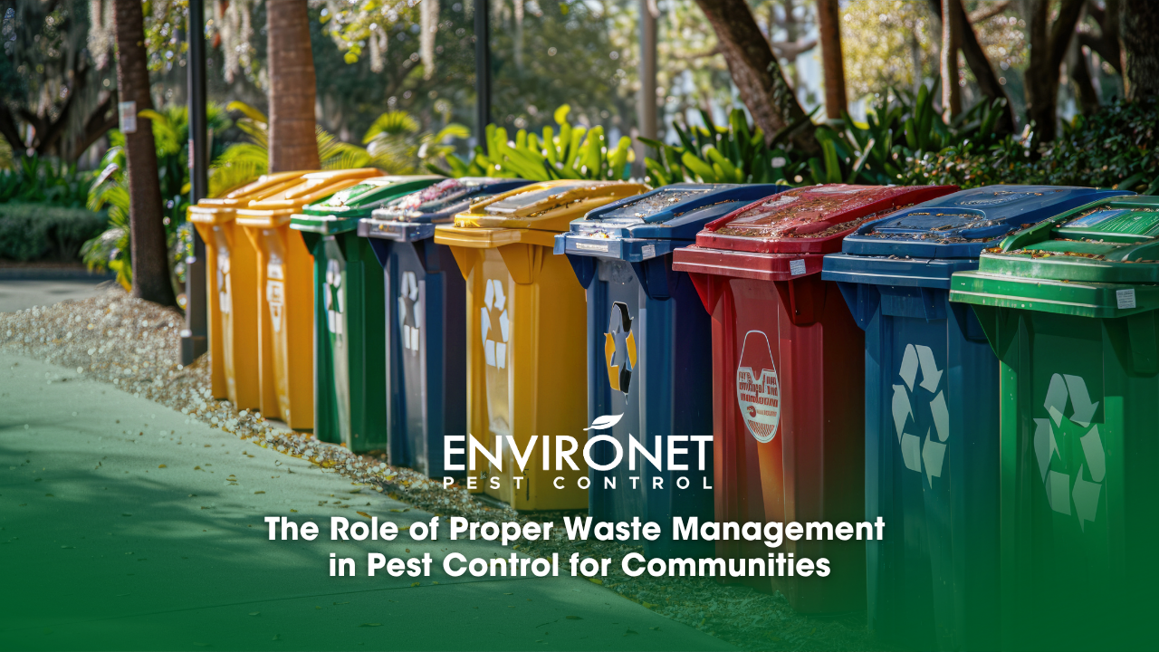 A row of trash cans lined up, emphasizing proper waste management and pest control in community settings.