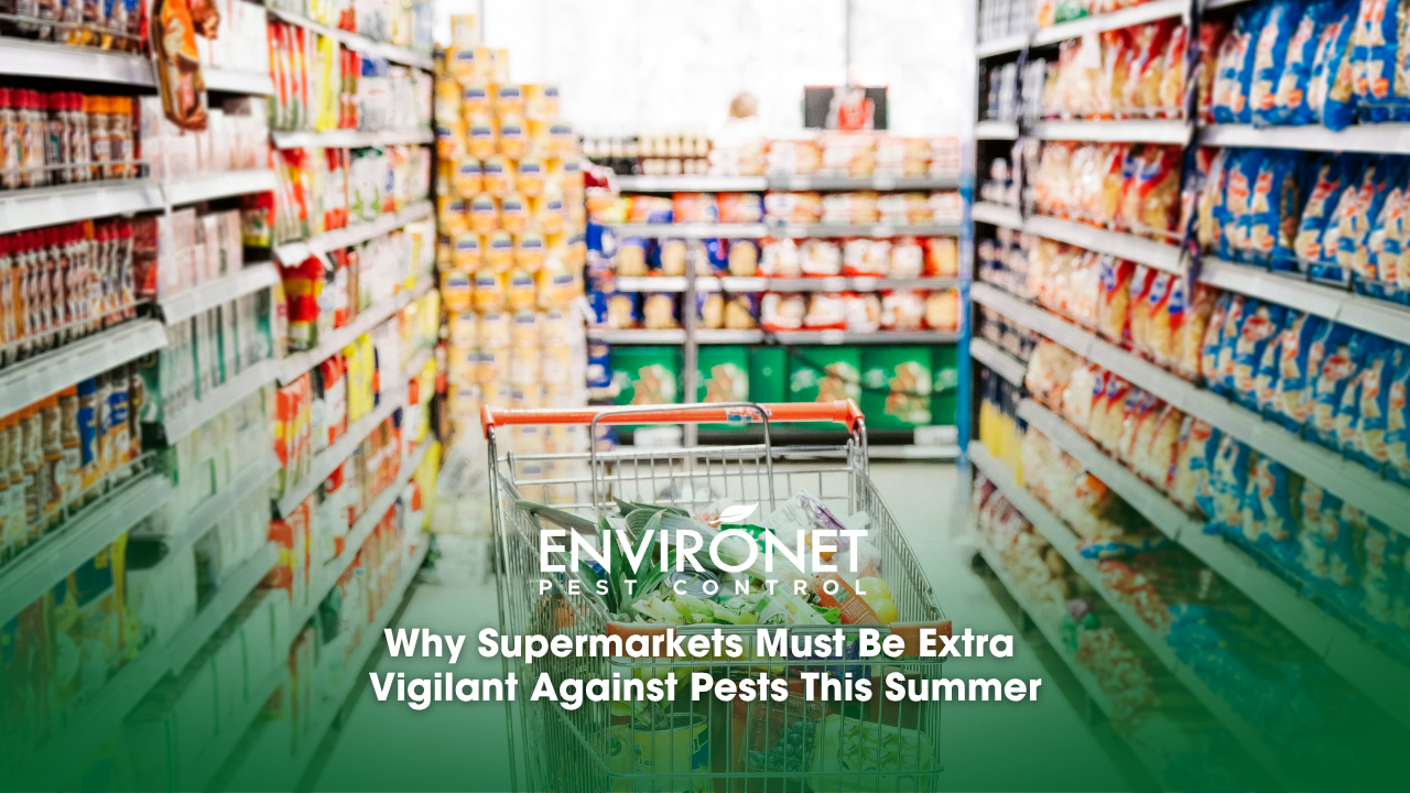 A shopping cart positioned in a grocery store aisle, emphasizing supermarket pest control measures.