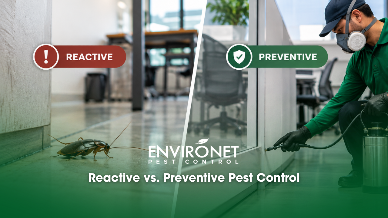 Split image showing a cockroach in a commercial office on the reactive side and a pest control technician performing treatment on the preventive side, illustrating reactive versus preventive pest control for businesses.