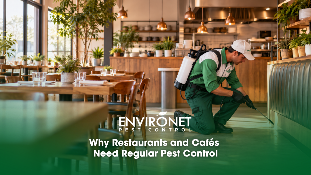 a technician doing regular pest control in a cafe